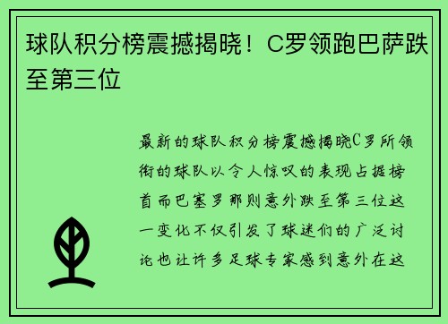 球队积分榜震撼揭晓！C罗领跑巴萨跌至第三位